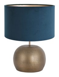 Bollen lampenvoet met blauwe velvet kap Steinhauer brons - Directlampen.nl