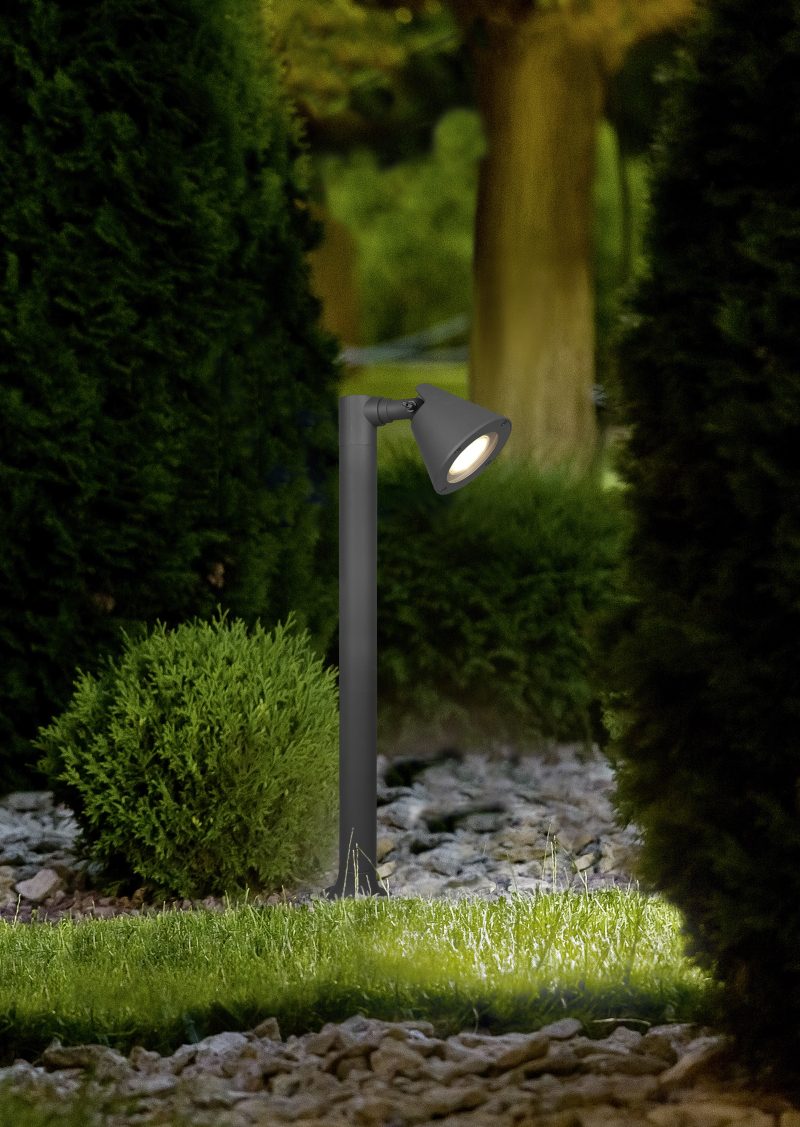 backyard light garden with lantern electric lamp with a round diffuser in the green grass with thuja bushes in a park with landscaping, closeup night scene nobody.