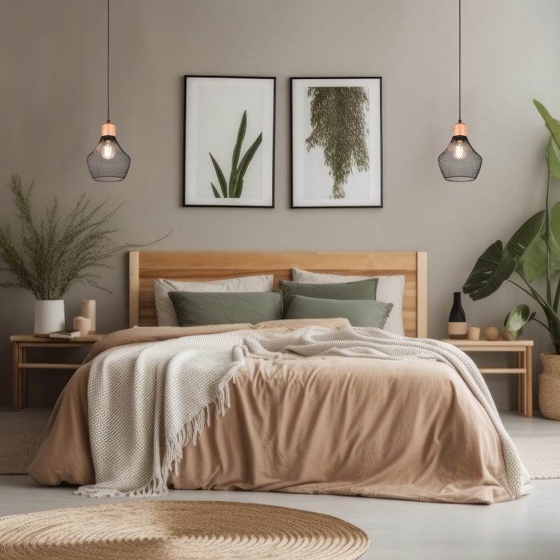 Minimalist bedroom with wooden bed, imitation poster frame, rattan basket, plants, books, and stylish accessories. Elegant linens, blanket, and pillow. Template. Décor. Generative AI