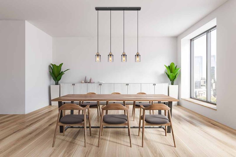 Interior,Of,Stylish,Dining,Room,With,White,Walls,,Wooden,Floor,