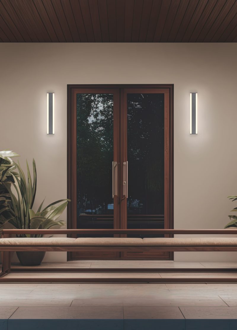 Minimalist front porch with simple seating and modern lighting, generative ai