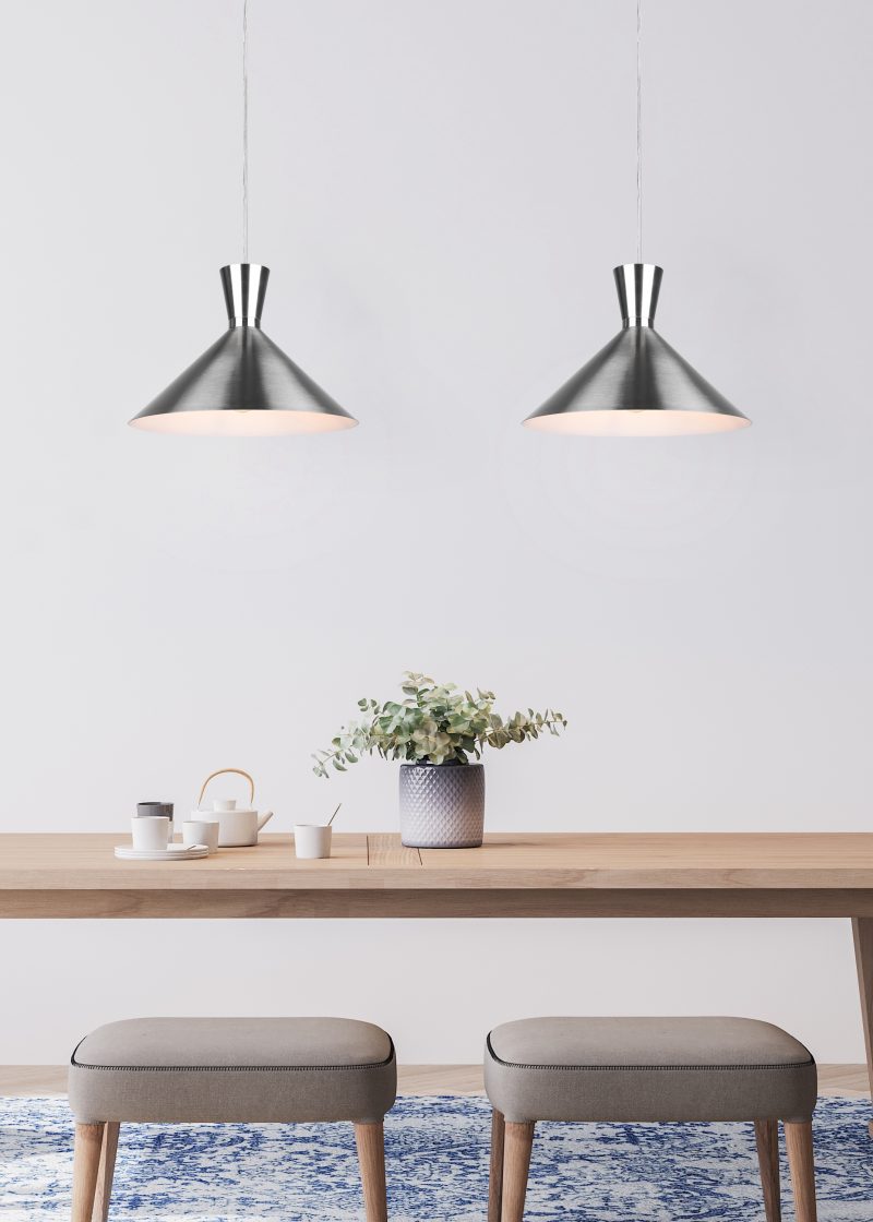 Interior design for dining room with velvet blue chairs, wooden table and vintage carpet on light gray background, Scandinavian style