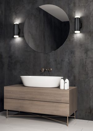 Luxury bathroom interior with gray wall