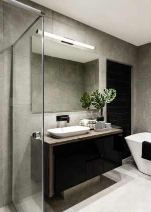 Modern bathroom with a shower area and bathtub