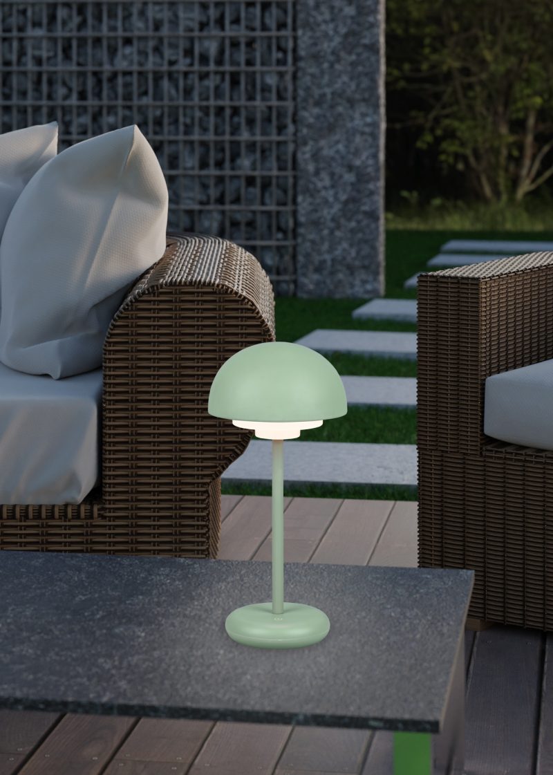 3d rendering of rattan garden furniture on wooden patio at garden in the evening sunshine