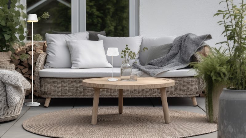 Beautiful garden patio decorated 2 with Scandinavian wicker sofa and coffee table.