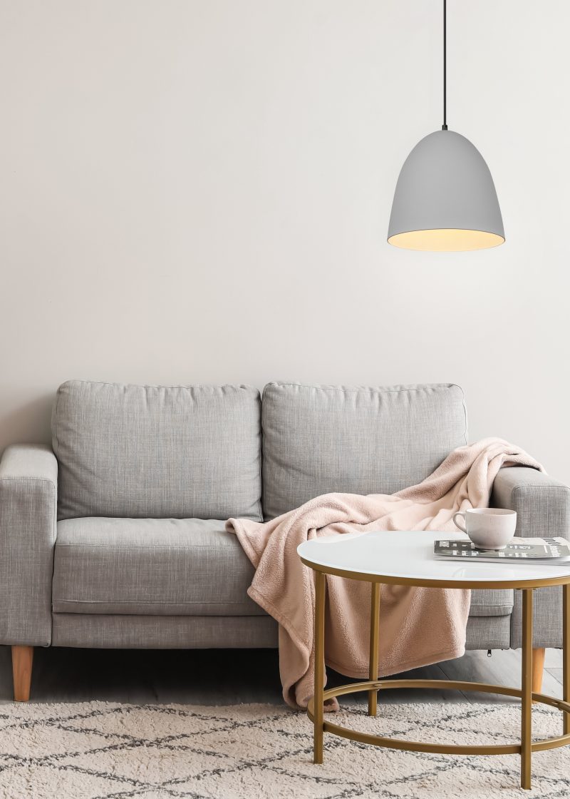 Interior of light living room with grey sofa, table and lamps