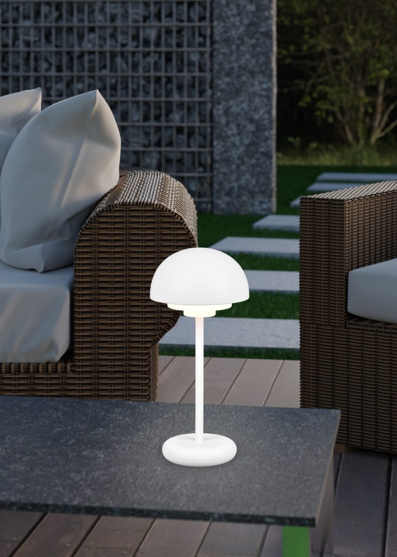 3d rendering of rattan garden furniture on wooden patio at garden in the evening sunshine