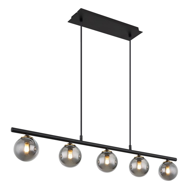 zwart/messing-5-rookglasbol-hanglamp-horizontaal-globo-jorge-56136-5h